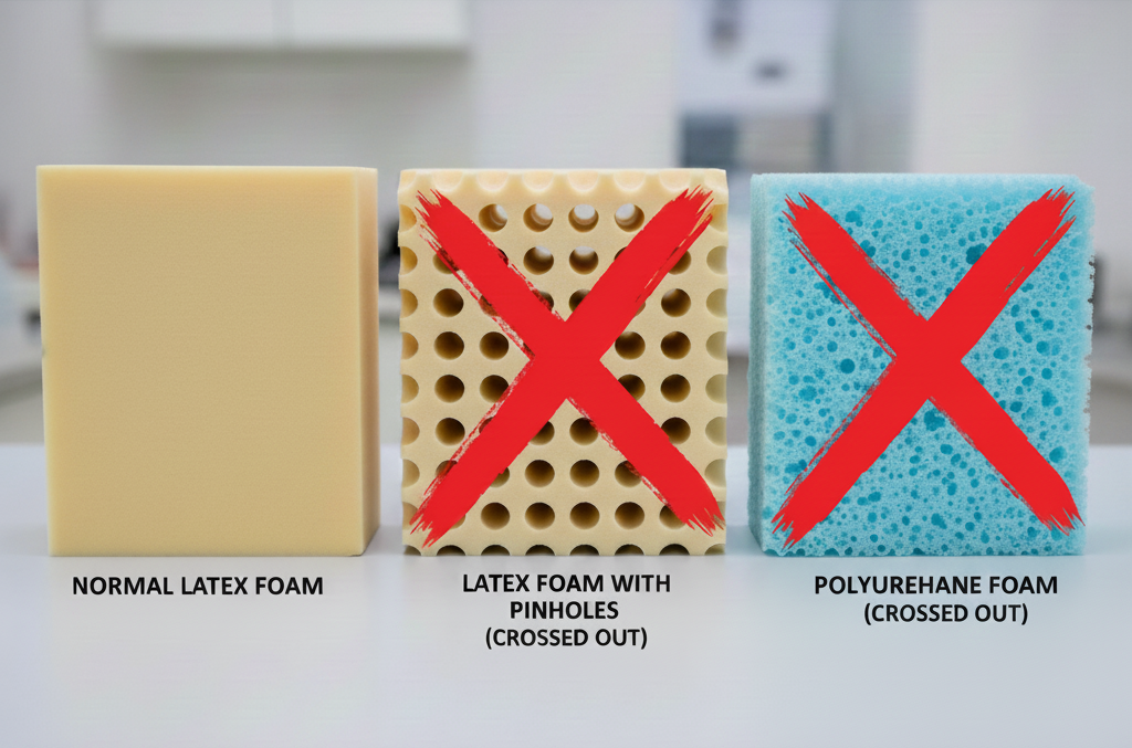 A comparison of three medical foams: polyurethane foam and perforated latex foam are marked with red Xs as incorrect choices, while solid high-density latex foam is highlighted with a green checkmark as the correct material for a venous pump.