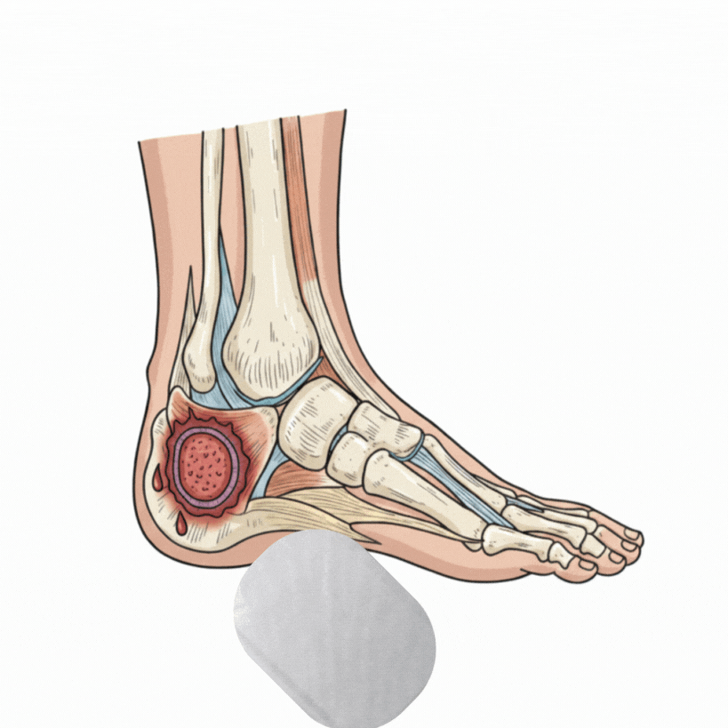 Animation showing the first step of treating a venous leg ulcer: clean the ulcer then a sterile primary bandage is carefully placed over the open wound to protect the tissue before foam and compression are applied.