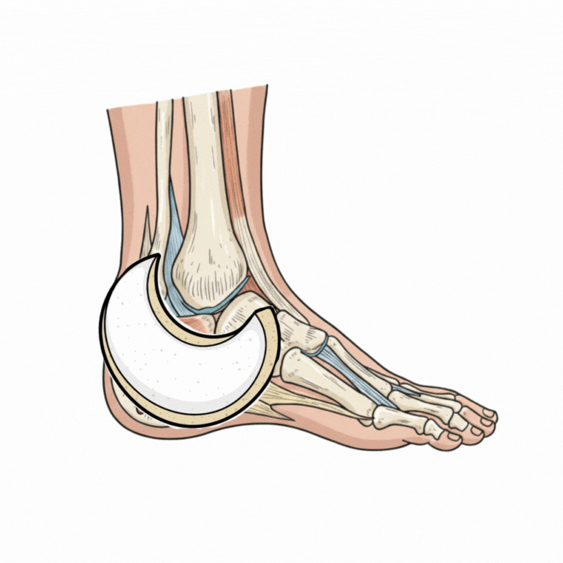 Animation of the Sladen-Reid Venous Pump technique. High-density latex foam is placed over the ankle hollows under a compression wrap. As the ankle moves, the foam intensely compresses the tissue, pumping pooled fluid and blood out of the ulcer area.