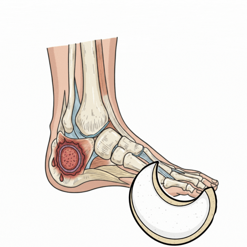 Animation showing a clinician measuring and cutting a high-density latex foam block to fit the patient's ankle hollows, then placing it precisely over the primary dressing to prepare for the Sladen-Reid pump effect.